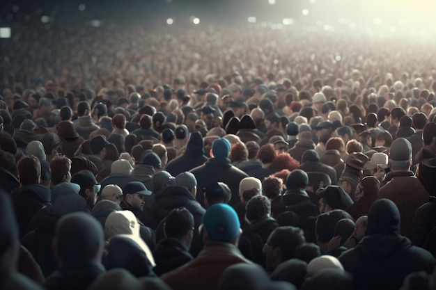 A crowd of people in a crowd with one of them wearing a blue hat.