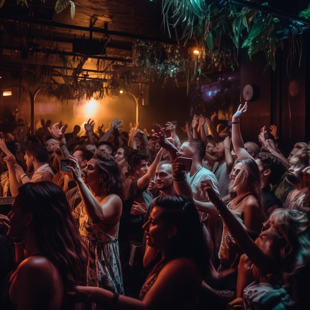 crowd of people dancing in a club with their hands in the air generative ai