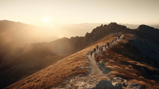 Crowd of people or friends runs to sunset mountain mountain holidays travel concept AI Generative