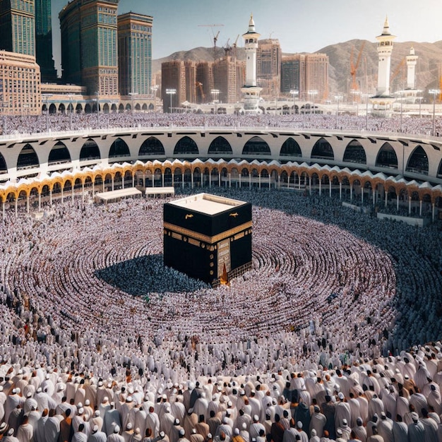 Photo a crowd of people gathered around a mosque with a mosque in the background