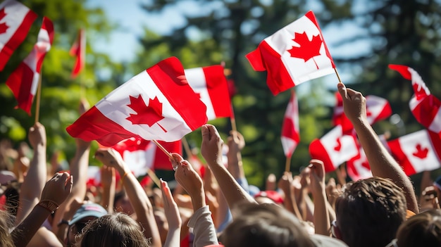 Photo a crowd of people holding canadian flags celebrating canada day