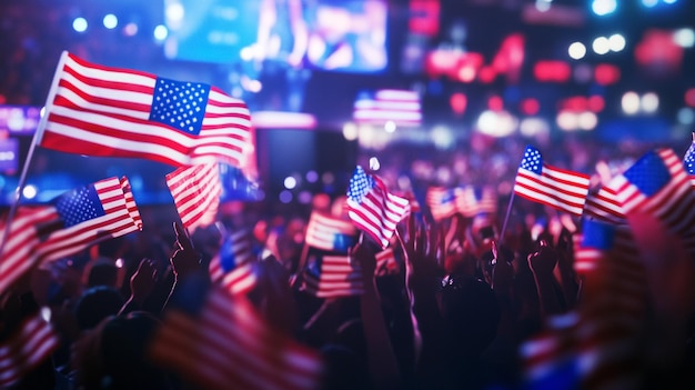 a crowd of people holding flags with the words quot american quot on the top