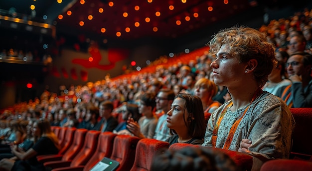 a crowd of people in a large auditorium with the words  the audience  on the right