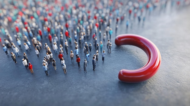 Photo crowd of people moving towards a red magnet symbolizing the idea of recruiting