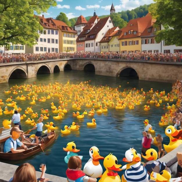 A crowd of people observe ducks swimming in a river