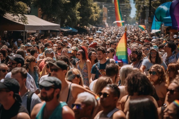 A crowd of people in a parade with a rainbow flag in the background.