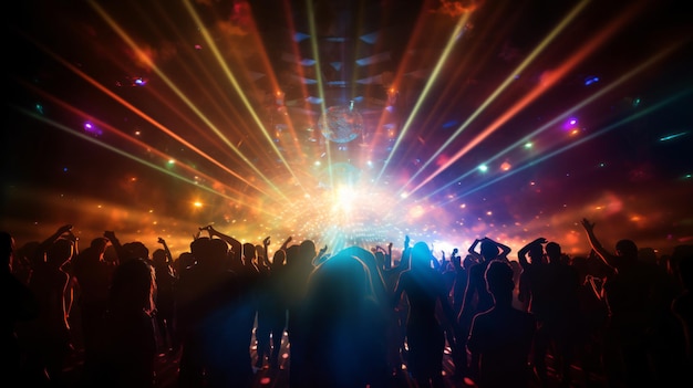 a crowd of people at a party with colorful lights on the top