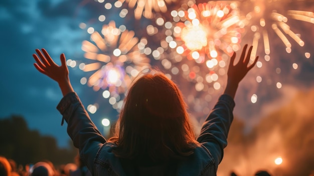 A crowd of people raising their hands in front of a spectacular fireworks display celebration in the crowd The atmosphere is filled with smoke and light creating an ethereal effect