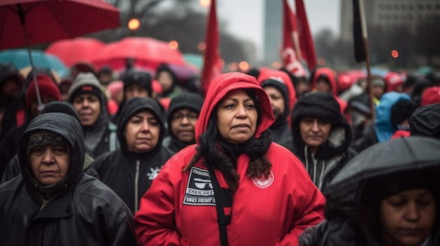 A crowd of people in red jackets stand in a crowd.