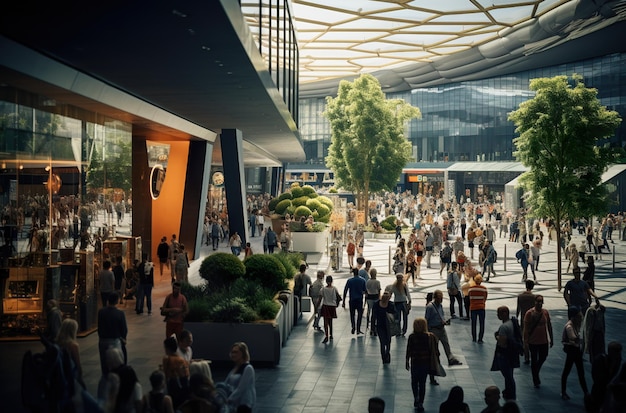 Crowd of people shopping in a mall