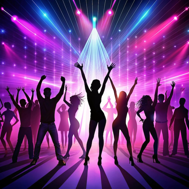 Photo a crowd of people in silhouette raises their hands on dancefloor on neon light background night life club music dance motion youth purplepink colors and moving girls