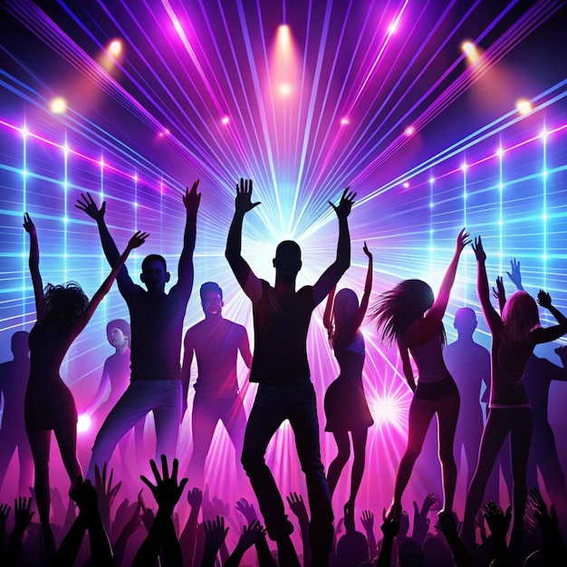 Photo a crowd of people in silhouette raises their hands on dancefloor on neon light background night life club music dance motion youth purplepink colors and moving girls