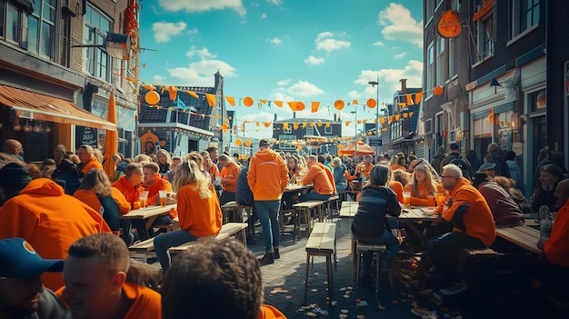 a crowd of people sit around a table with orange flags hanging from the ceiling