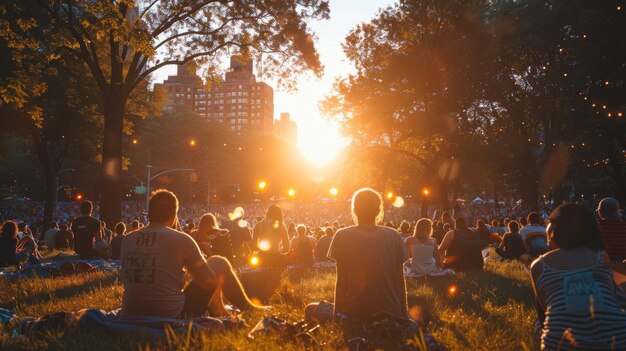 Photo a crowd of people sit in a park with the sun setting behind them