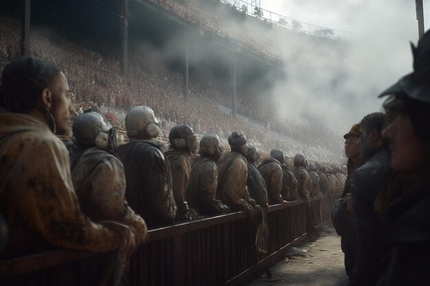 A crowd of people in a stadium with the word game on the front.