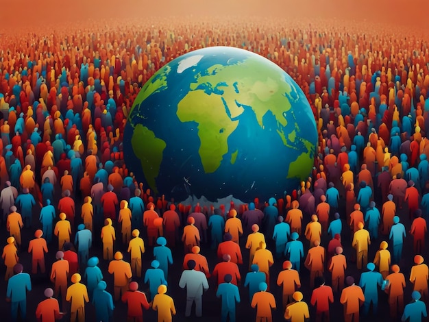 a crowd of people stand in a circle with a world globe in the middle