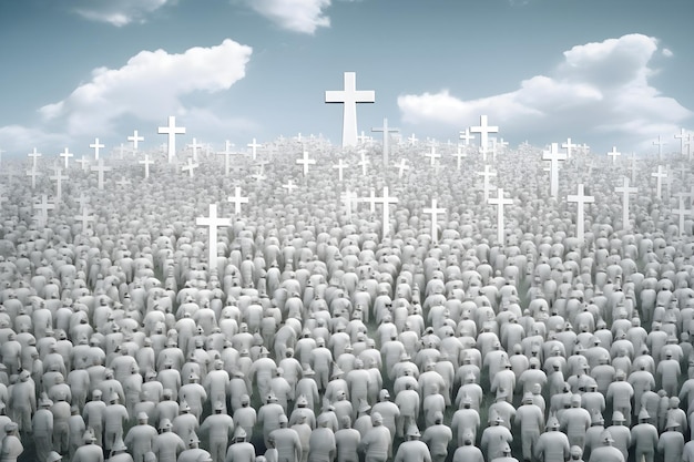 A crowd of people stand in a cross formation