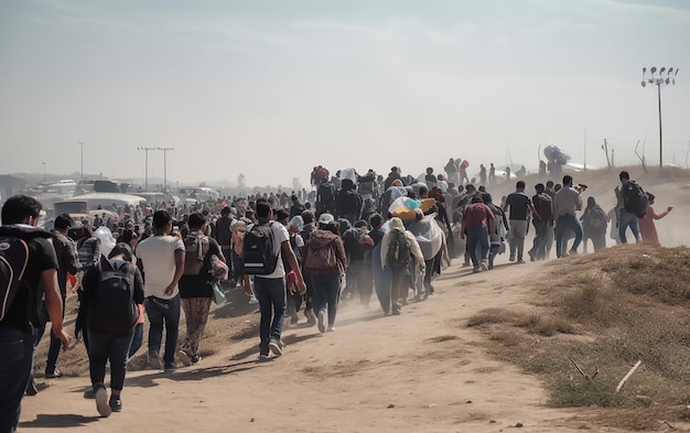 A crowd of people walk down a dirt road one of which is covered in tents