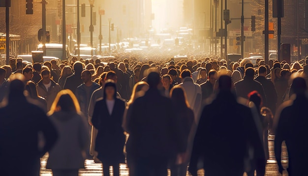 Crowd of people walking busy city street backlit Generative AI