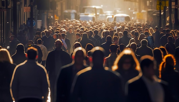 Crowd of people walking busy city street backlit Generative AI