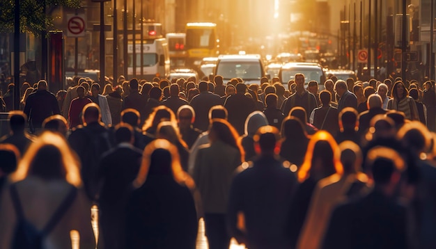 Crowd of people walking busy city street backlit Generative AI