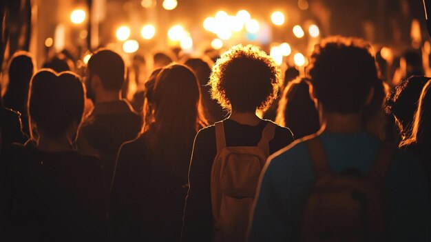 Photo a crowd of people walking in a crowd at night