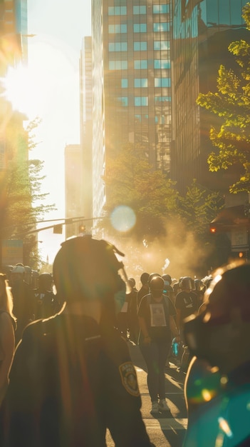 Photo a crowd of people walking down a street in the city