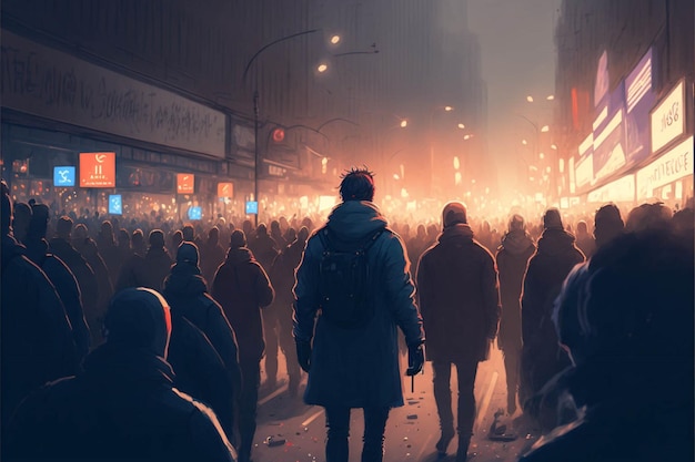 Crowd of people walking down a street at night generative ai