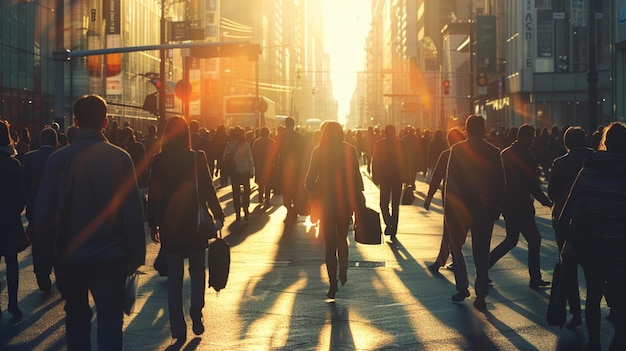 a crowd of people walking down a street with the sun shining through them