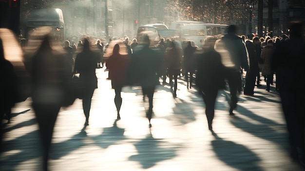 a crowd of people walking down a street with a van in the background