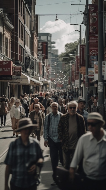 A crowd of people walking down a street