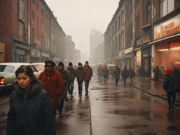 Crowd of people walking in a foggy winter day