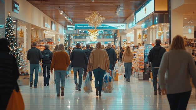 a crowd of people walking in a shopping mall