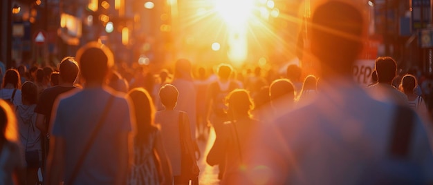 Crowd of people walking with a sunset in the background portraying a concept of urban lifestyle Generative AI Generative AI