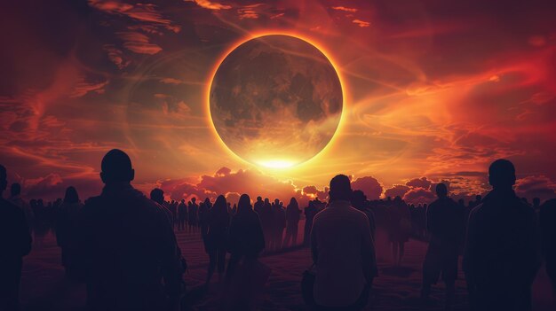 Crowd of people watching an annular solar eclipse illustration for the total eclipse of the sun in April 2024 imagined by AI not the actual event ar 169 Job ID ef3c8adca6ca4c7ea45fa5a6315e7c61