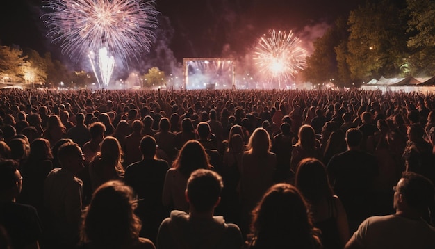 Photo a crowd of people watching a fireworks show with a fireworks display in the background