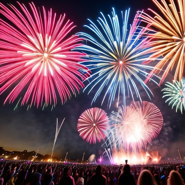 A crowd of people watching fireworks with a large crowd watching.