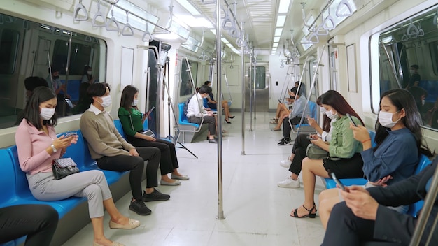 Crowd of people wearing face mask