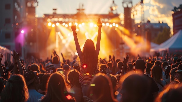 a crowd of people with arms raised in the air at a concert