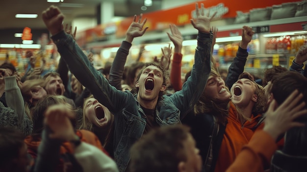 a crowd of people with arms up in front of a large crowd