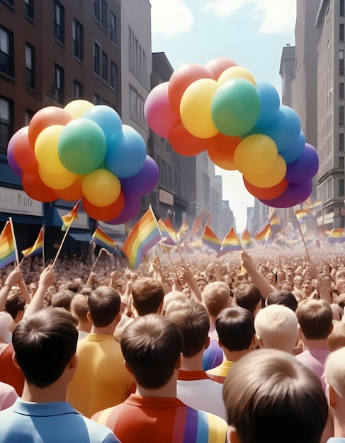 a crowd of people with balloons in front of a store that says rainbow