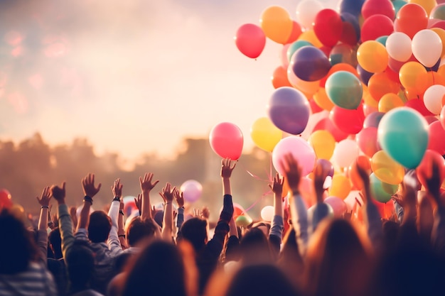 A crowd of people with balloons in the sky