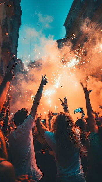 Photo a crowd of people with fireworks in the background