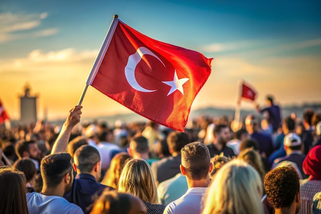 a crowd of people with a flag and the word saint on it