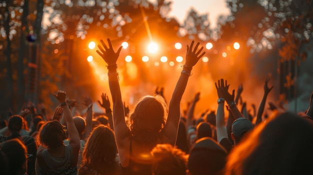 a crowd of people with hands up in the air with the sun behind them