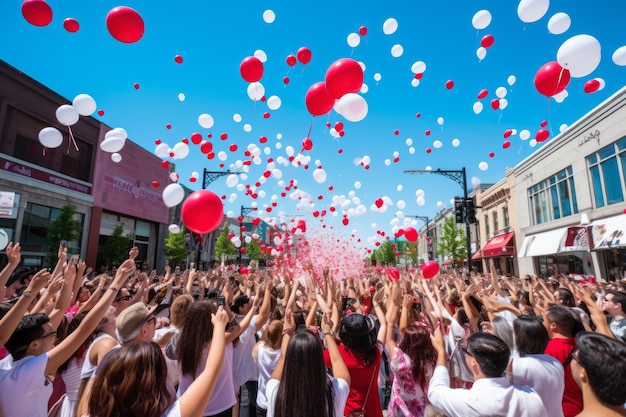 A crowd of people with red and white balloons in the air for the canada day