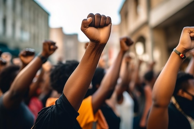 A crowd of people with their fists raised in the air