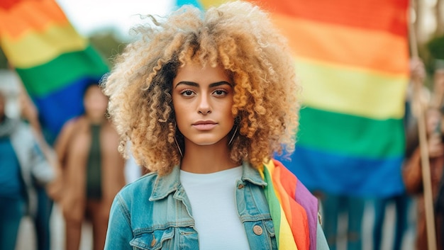 Crowd raising and holding rainbow flags during gay pride multiracial gay people having fun pride