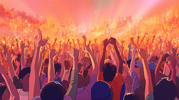 Crowd raising their hands at music concert Audience enjoying rock dance edm and club festival party Cartoon painting illustration Generative AI