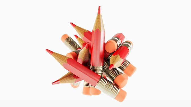 Crowd of red pencil isolated over white background 3d render